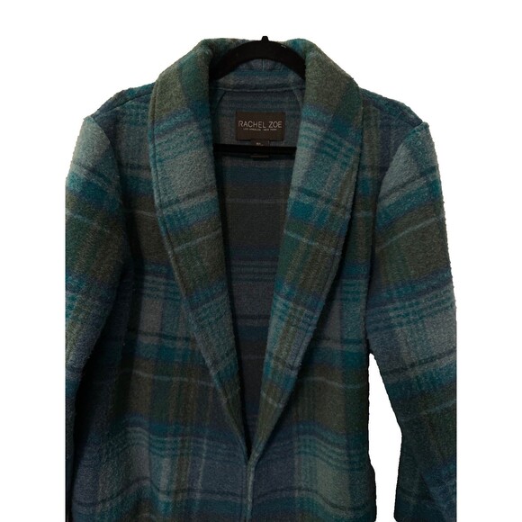 Rachel Zoe Open Front Wool Blend Green Plaid Jacket SZ L - Picture 2 of 11